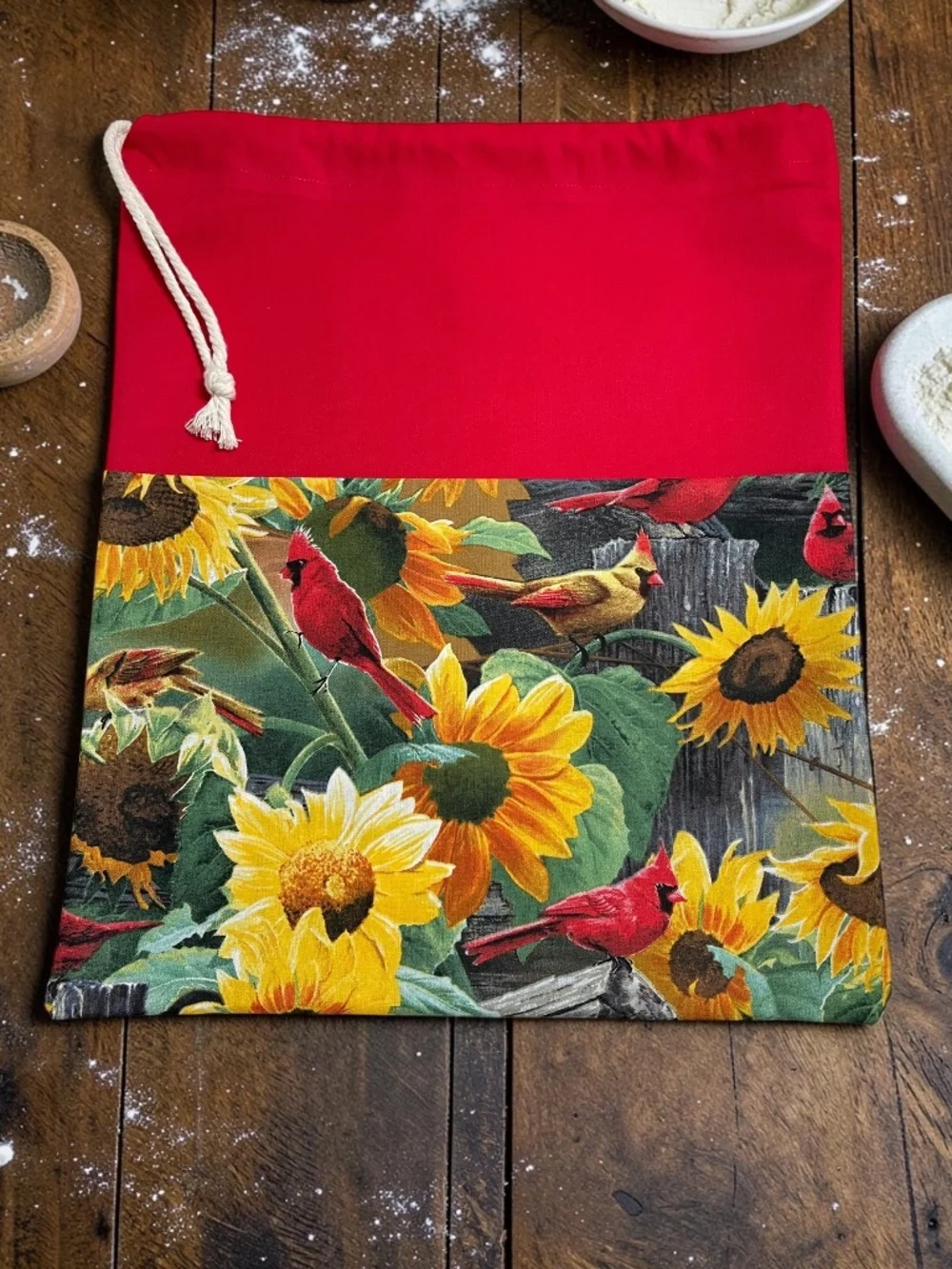 Red Cardinal & Sunflower Cotton Bread Bag, Reusable Sourdough Bread Keeper